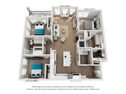 Floor plan for 3 beds, 2 baths, 1422 sqft